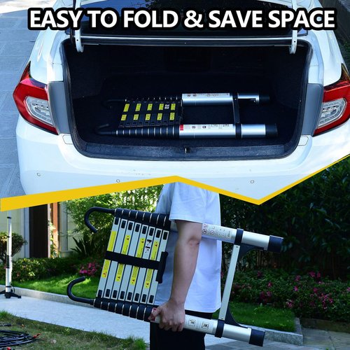8.5FT Collapsible Ladder, Aluminum Extension Ladder with Fixed Lock & Safety Hook, 330lbs Capacity, Portable Telescopic Ladder with Handle, Telescoping Ladders for Home Roof Rv Attic (8.5FT)