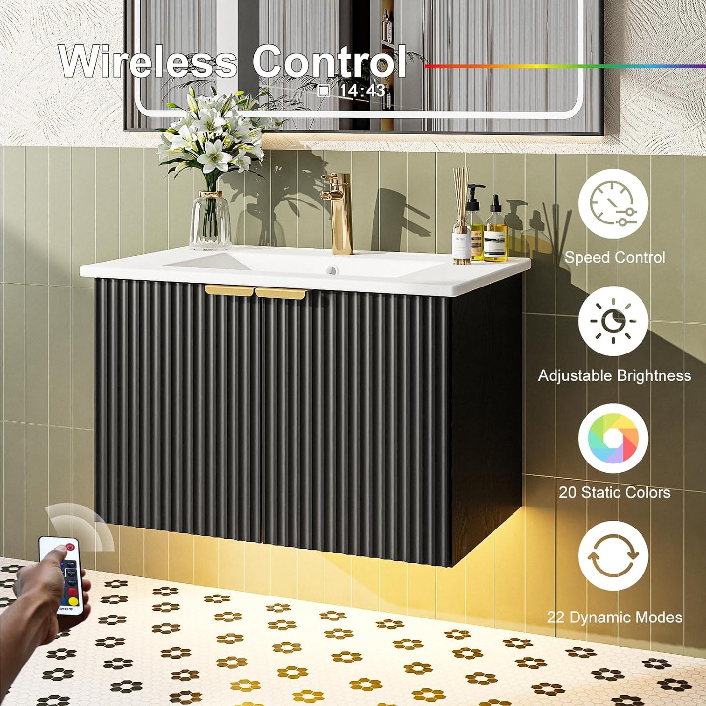 Bathroom Vanity with Sink, 30" Wall Mounted Floating Vanity Cabinet, Modern Bathroom Sinks with LED Light, Metal Handle & Double Soft-Close Doors, Black