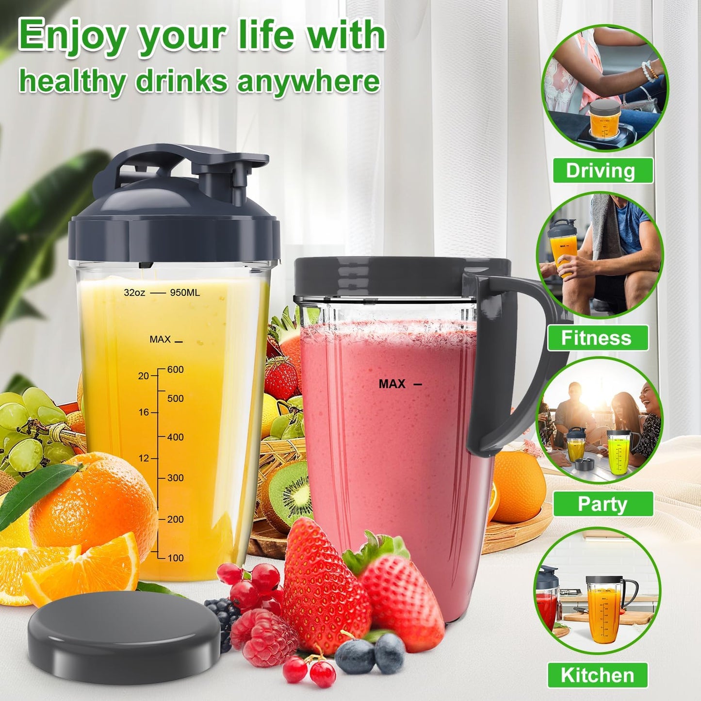 Nutribullet Blender Cups & Blade Replacement Set, 32oz & 24oz Nutribullet cups with Lid To-Go Lid and Lip Ring, Replacement Cups for Nutri Bullet Blenders 600w & Pro 900w Accessories 6 PCS
