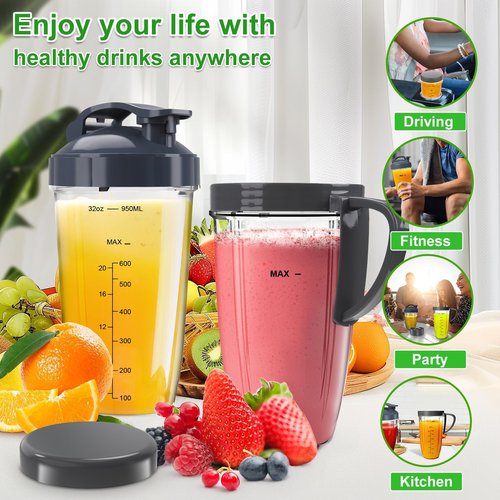 Nutribullet Blender Cups & Blade Replacement Set, 32oz & 24oz Nutribullet cups with Lid To-Go Lid and Lip Ring, Replacement Cups for Nutri Bullet Blenders 600w & Pro 900w Accessories 6 PCS