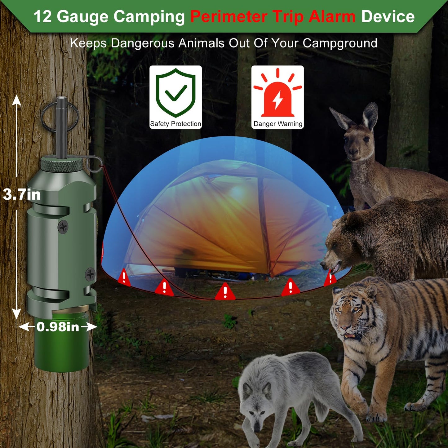 Perimeter Trip Alarm,12 Gauge Camping Trip Wire Alarm Device with 4pcs Screws,Early Warning Security System for Outdoor and Property Safety/Bear Deterrent -Dark Green (Adapter Not Included