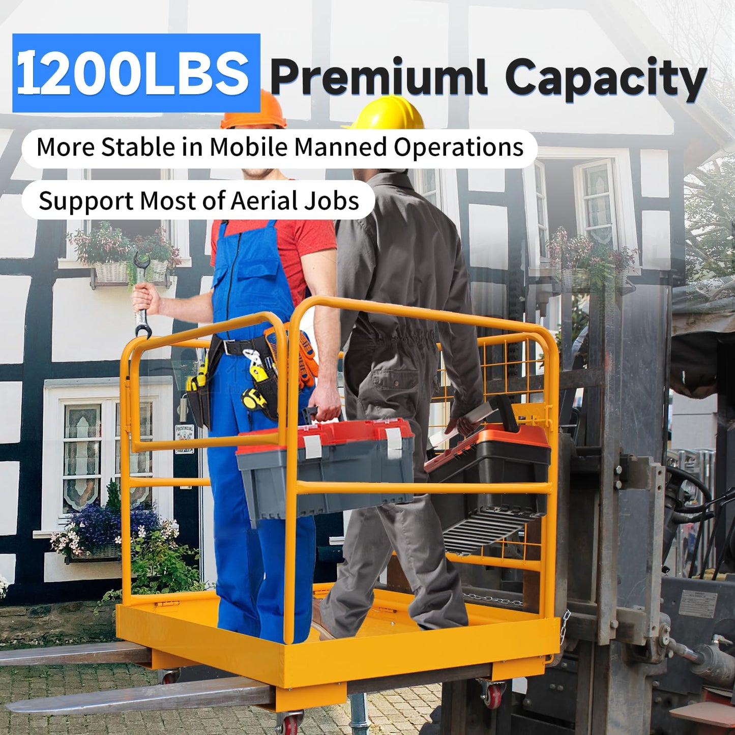 Forklift Safety Cage 36x36 Inch, 1200LBS Capacity Work Platform with 4 Wheels & Collapsible Design - Heavy-Duty Aerial Man Basket for Forklift/Pallet Loader