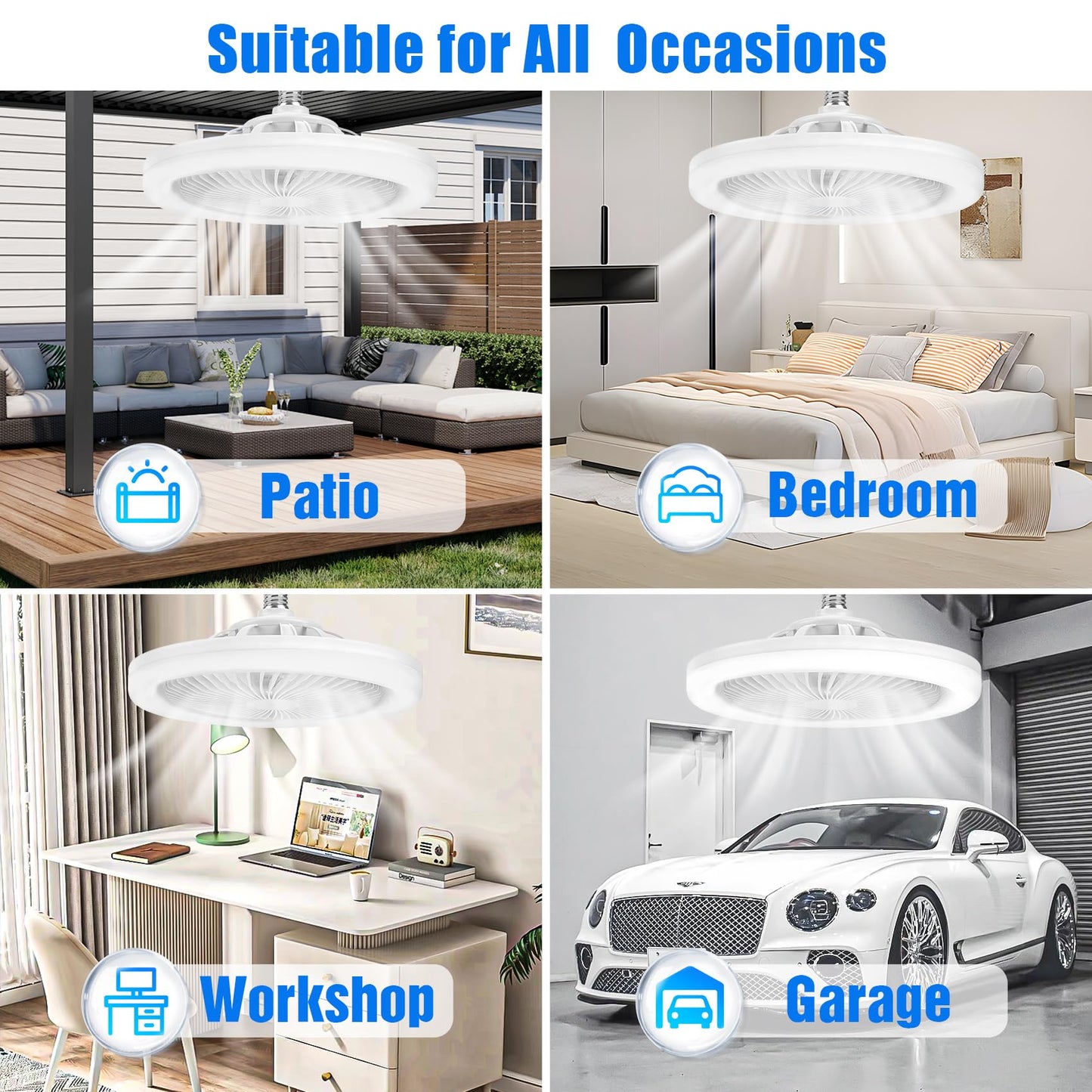 LEOONER Socket Fan Light with Remote,10" Small Ceiling Fans with Lights, 2000 Lumens Dimmable Led Bulb, 3 Colors 3000K-6500K, Easy Install Screw in E26 Base for Bedroom Living Room Kitchen Garage