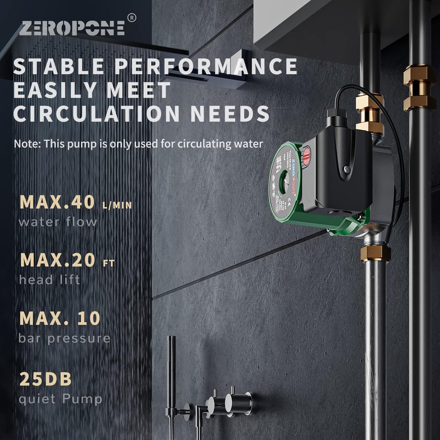 ZeroPone Hot Water Recirculating Pump, 93W Water Circulator Pump NPT 3/4" w/NPT 1/2" Adapter, Stainless Steel Head,15-6S 3 Speed Control for Electric Water Heater System