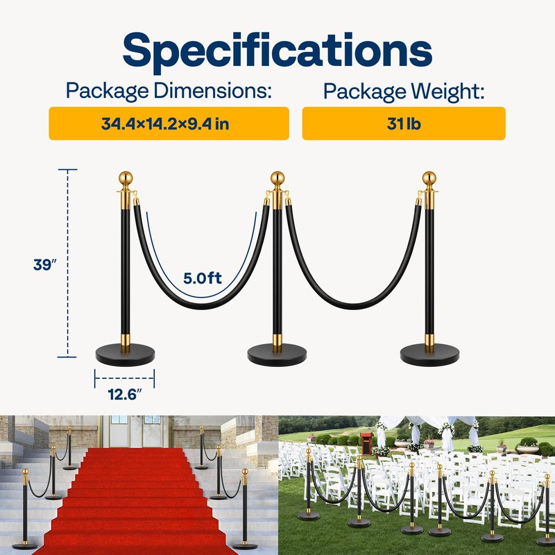 VIVOHOME Stanchions and Velvet Ropes 6PCS, Water-Fillable Base with Iron Post, 5 Feet Velvet Ropes and Posts, Crowd Control Barriers, Red Carpet Runner Poles for Party Supplies