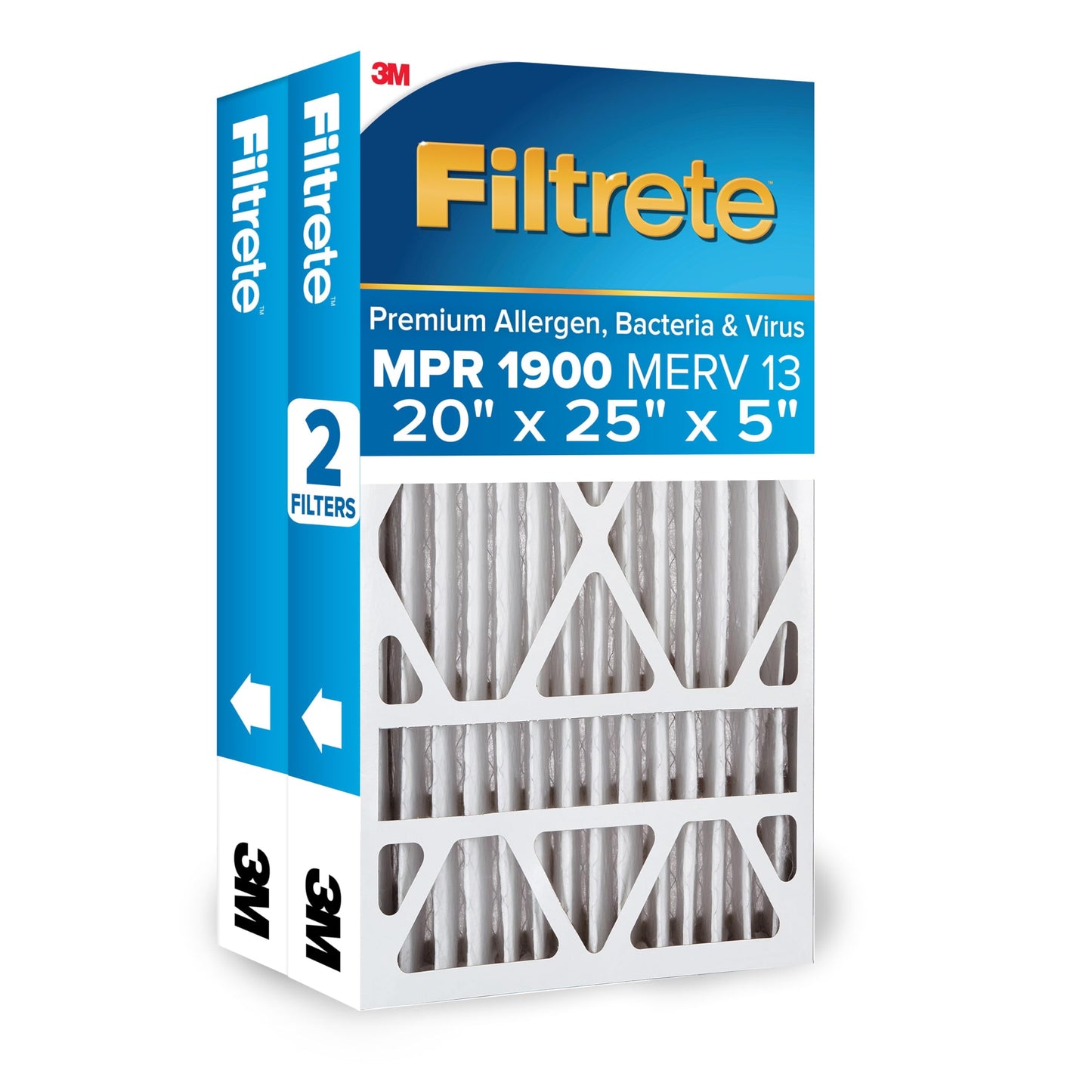 Filtrete 20x25x5 AC Furnace Air Filter, MERV 13, MPR 1900, Premium Allergen, Bacteria & Virus Filter, Electrostatic Air Cleaning Filter, 2-Pack (Actual Size 19.56 x 24.13 x 4.75 in)