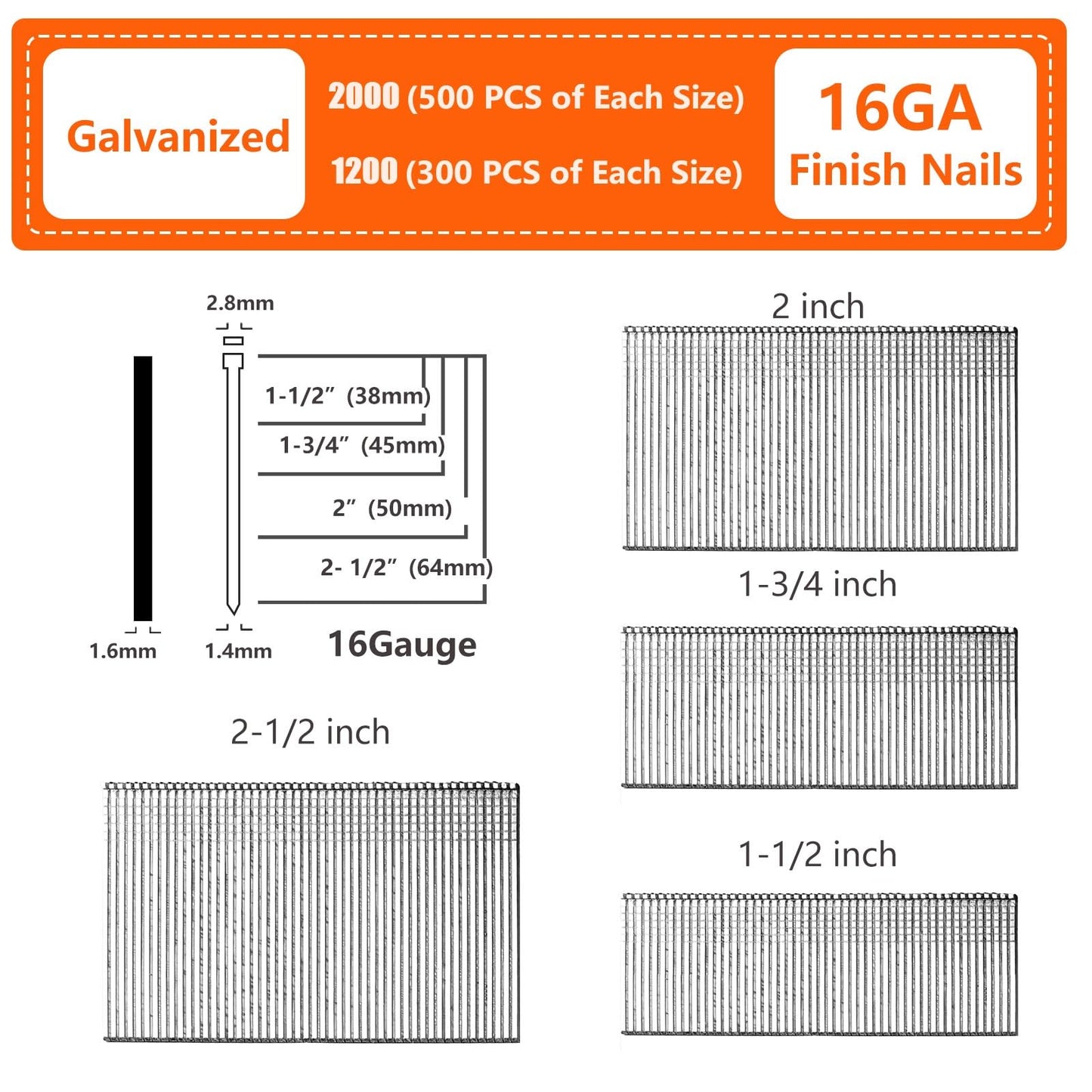 SITLDY Straight Finish Nails, 16 Gauge, 1200-Pack (1-1/2", 1-3/4", 2", 2-1/2", 300 Per Size), Galvanized, Assorted Size Project Pack