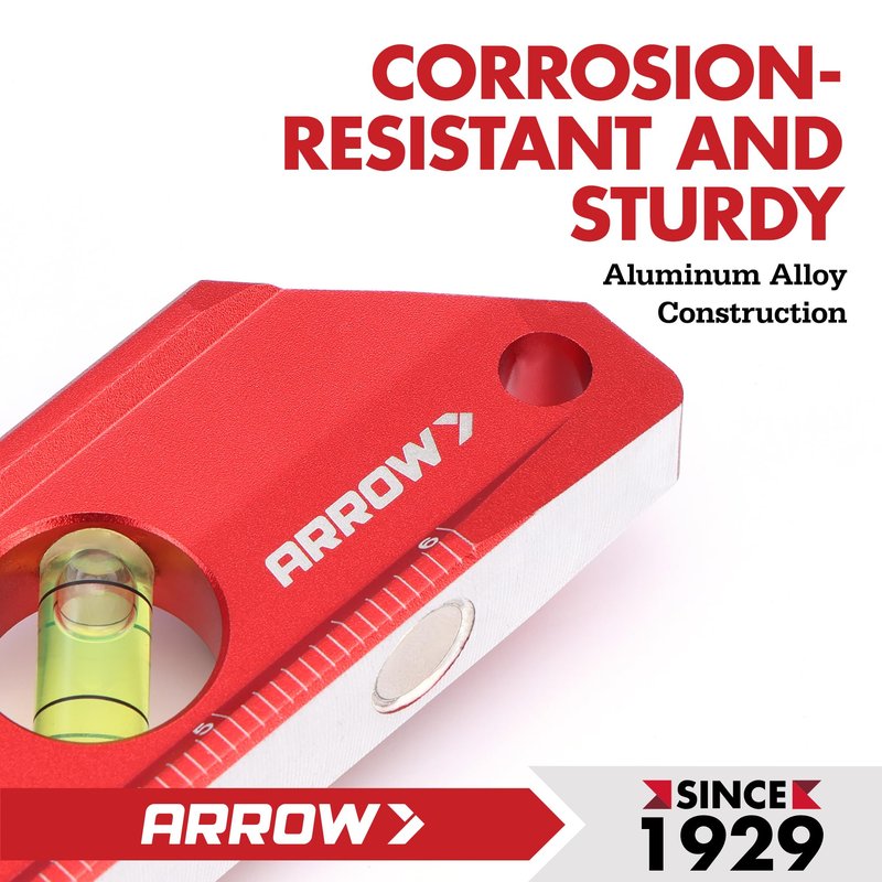 ARROW 8-Inch Torpedo Level, Magnetic Level Tool with 0°/30°/45°/90° Bubbles, Top-view Windows, Aluminium Alloy Frame, Dual Metric and SAE Scales