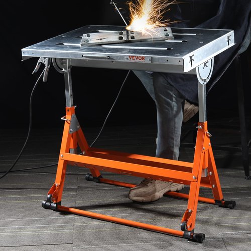 VEVOR Welding Table Foldable 30"x20", Welding Workbench Table 400lbs Load Capacity Steel on Wheels, Work Bench Adjustable Height with 3 Tilt Angles, Three 1.1" Slot, Retractable Guide Rails