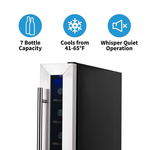 NewAir 6" Built-in or Freestanding 7 Bottle Wine Fridge, Bar Cabinet Mini Wine Cooler with Beech Wood Shelves, Stainless Steel Wine Cellar for Red, White, and Sparkling Wine