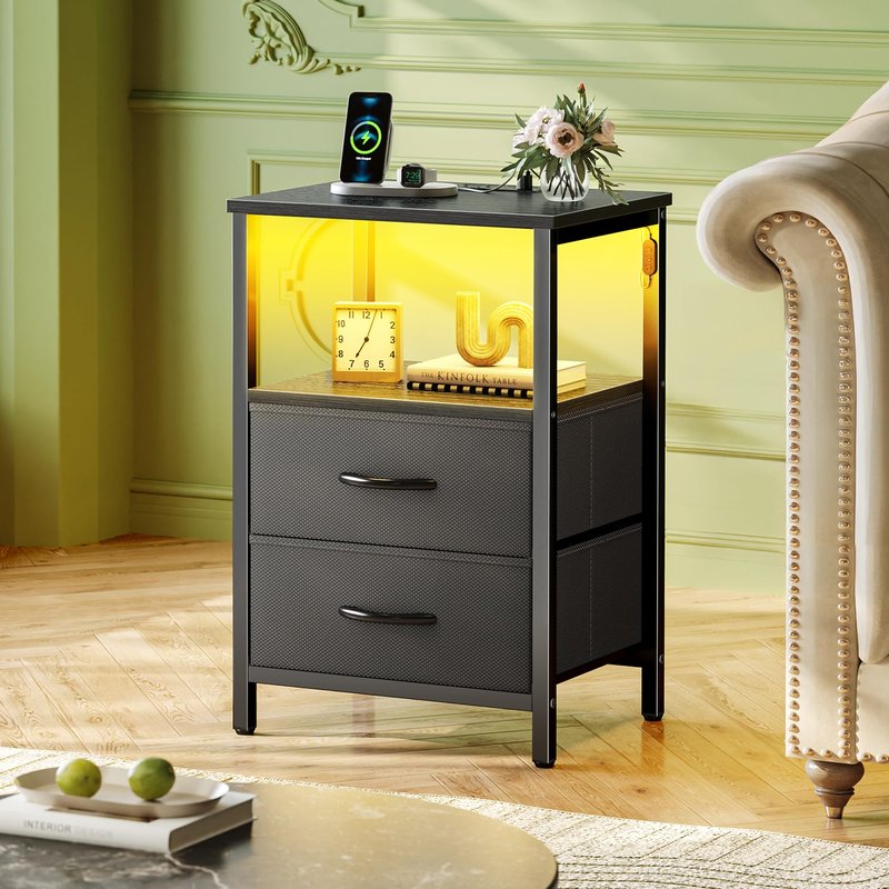 Huuger Night Stand with Charger Station and LED Lights, 2 Drawer Nightstand, Bed Side Table with Open Shelf, End Table, Fabric Drawers for Bedroom, Black