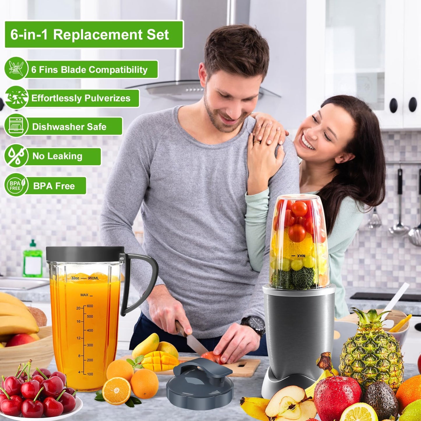 Nutribullet Blender Cups & Blade Replacement Set, 32oz & 24oz Nutribullet cups with Lid To-Go Lid and Lip Ring, Replacement Cups for Nutri Bullet Blenders 600w & Pro 900w Accessories 6 PCS