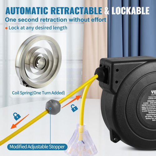 VEVOR Retractable Extension Cord Reel, 50 FT, Heavy Duty 14AWG/3C SJTOW Extension Power Cord with Lighted Triple Tap Outlet, 13A Circuit Breaker 180° Swivel Bracket for Ceiling or Wall Mount, Yellow