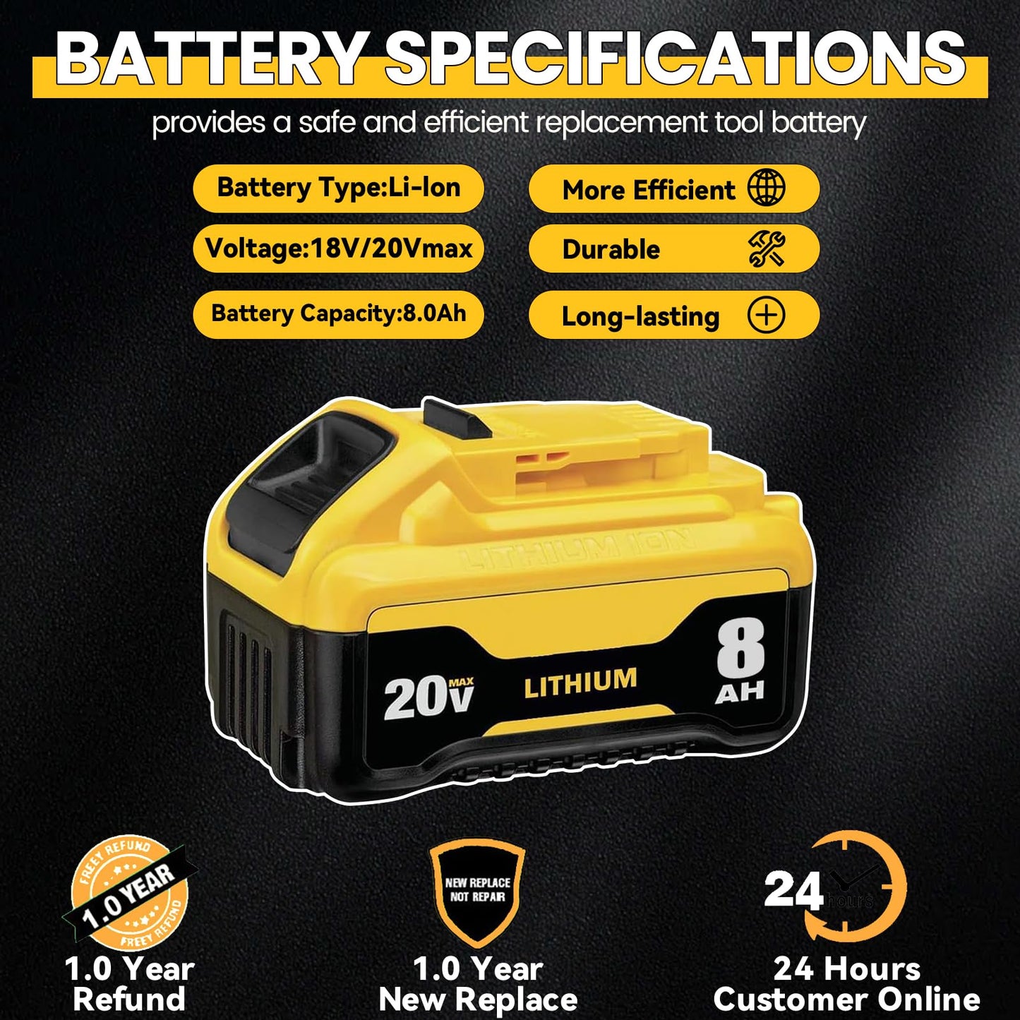 DCB200 8.0Ah Replacement for dewalt 20v max Battery Lithium-ion Batteries DCB200 DCB201 DCB203 DCB204 DCB206 DCB180 DCD/DCF/DCG Series Cordless Tools with LED Indicator 2Packs