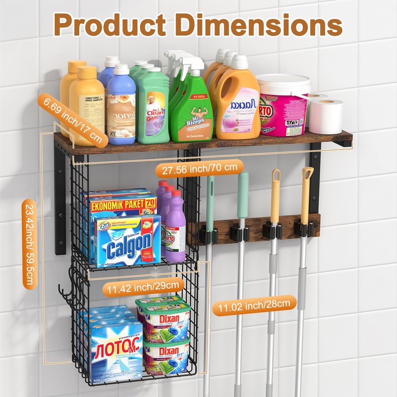 Housolution Broom Holder Wall Mount with Cleaning Supplies Organizer, 100 LBS High Load-Bearing Laundry Room Storage Shelves, Multifunctional Mop Hanger Rack with 2 Baskets, 4 Grippers & Hooks
