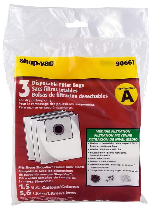 Shop-Vac 9066733 Disposable Filter Bags, Fits 1-1.5 Gallon Tanks, Dry Pick Up Only, White, (3-Pack)