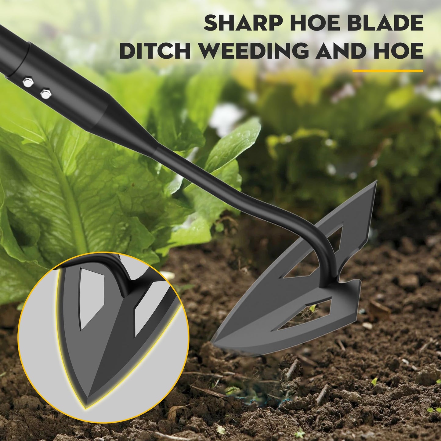 DwelSpire Hoe Garden Tools, Metal Heavy-Duty Triangular Garden Hoe for Easier Weeding and Digging, 41.3-55.5 Inch Adjustable Long Handle, Black