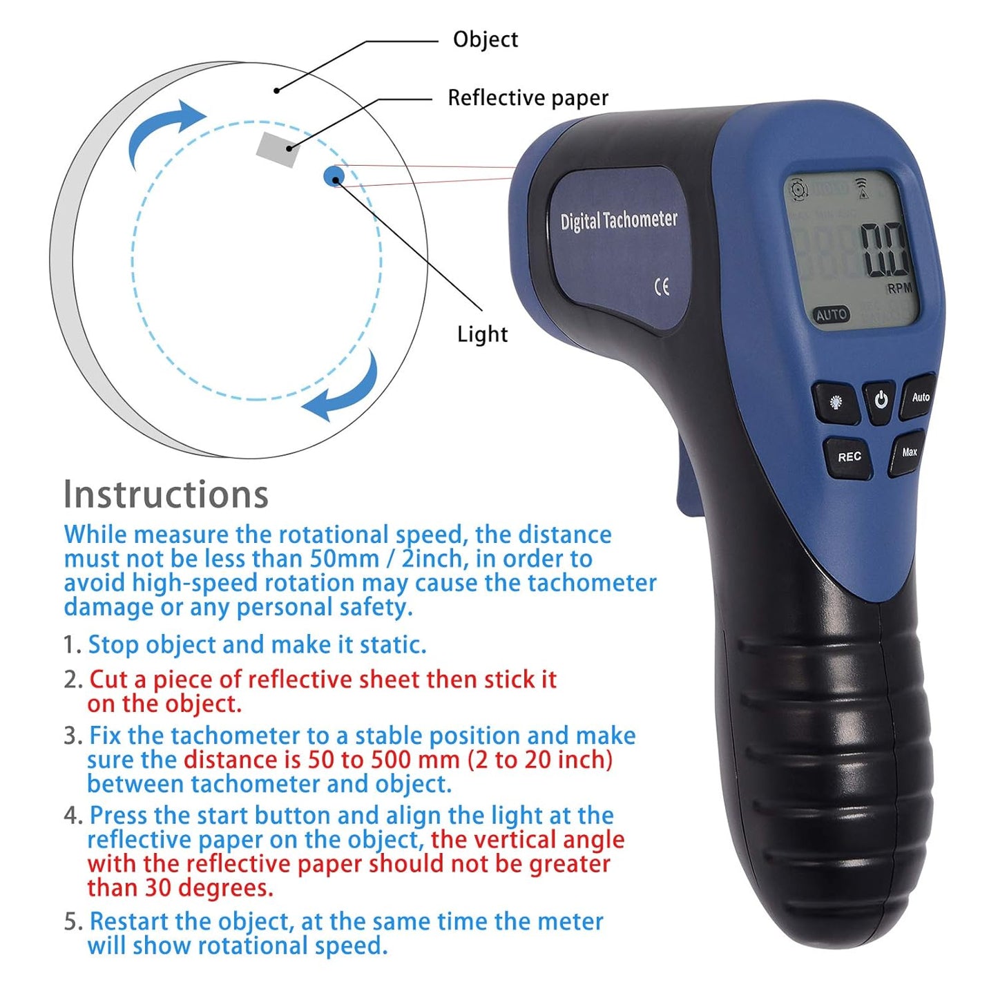EHDIS Digital LCD Photo Tachometer Non-Contact RPM Meter Motor Speed Gauge Gun Style Includes 10 Reflective Tapes