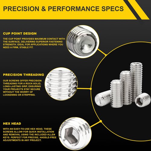 FIXXELY Set Screws Assortment Kit (M3, M4, M5, M6, M8) with Allen Keys – Durable 240 Pcs Metric Cup Point 304 Stainless Steel for Bathroom Fixtures, Door Knobs, Faucets, Plumbing, and More