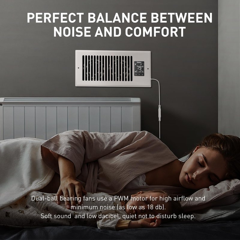 PowerScale 4" x 10" Smart Vent Air Booster Register Fan with Humidity Temeperature Sensor Register Fan with LCD Display Touchscreen Ceiling Register Booster for Efficient HVAC Air Boosting