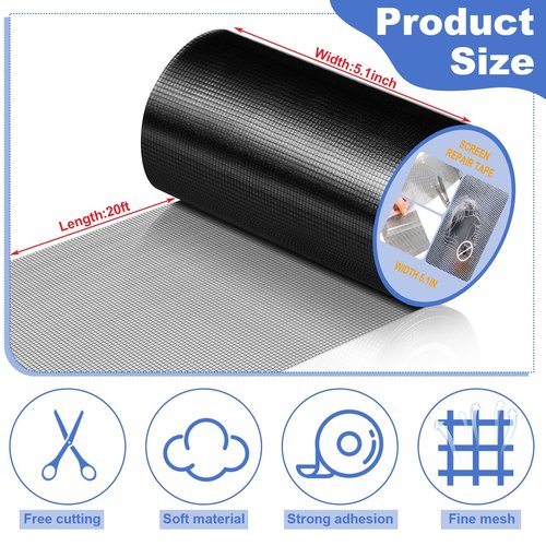 CroBlissful Extra Wide 5 inch x 20 ft Window Screen Tape Mesh Repair Strong Adhesive Waterproof Fiberglass Screen Repair Kit Patch for Window Door Tears Holes(Black)
