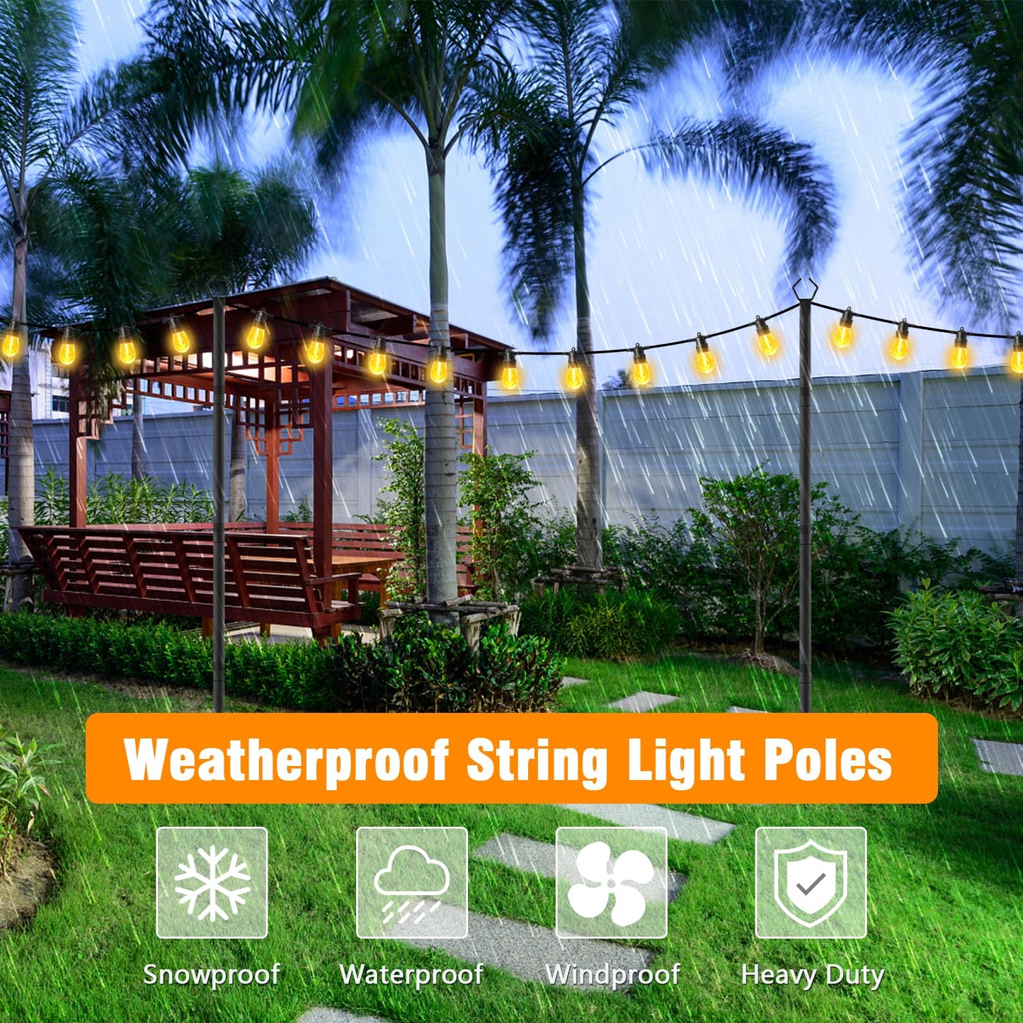 AILBTON 10Ft String Light Poles 2 Pack,Light Poles for Outside Lights,Outdoor with Fence Brackets Hanging Lights,Metal Stand Deck Patio Backyard