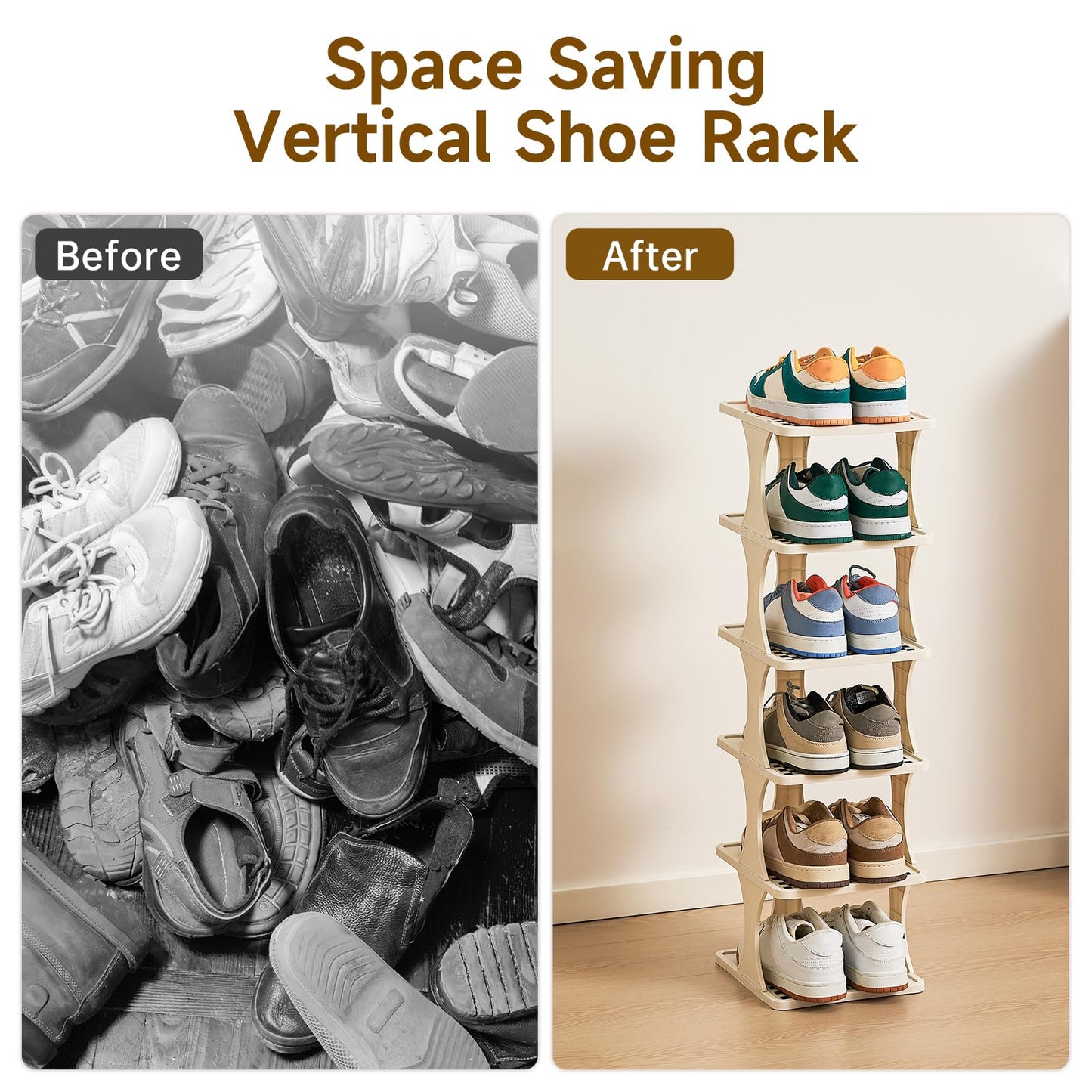 Vertical Shoe Rack 6 Tier Adjustable Shoe Organizer Small Shoe Shelf for Closet, Narrow Entryway, or Bedroom Easy to Assemble and Disassemble Holds Up to 7 Pairs of Shoes (White)
