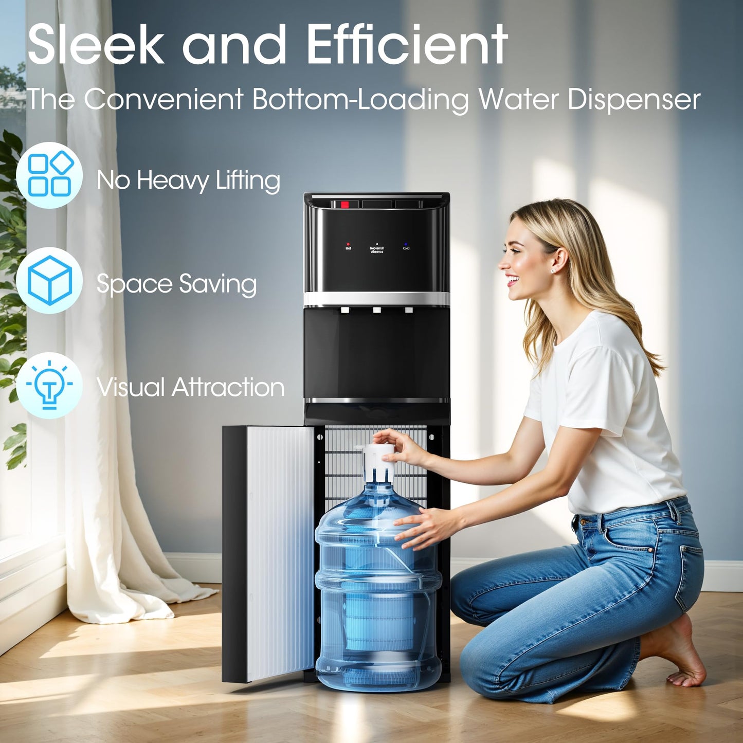 Manastin Bottom Loading Water Cooler Dispenser for 5 Gallon Bottles, Stainless Steel Water Cooler with 3 Temperature Settings - Hot, Cold & Room Water, Ideal Design for Home & Office, Pure Black