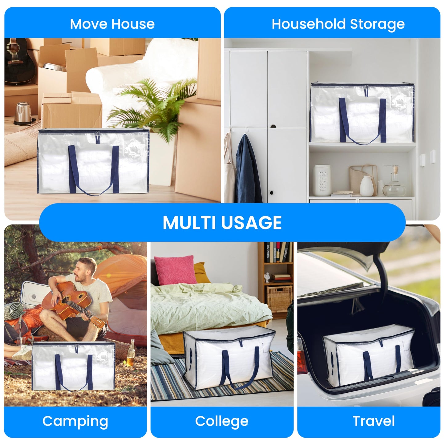 Simple Deluxe 8 Pack Heavy Duty Moving Bags with Reinforced Zippers & Comfortable Handles, Extra Large Foldable Storage Totes for Clothes, College Dorm, White