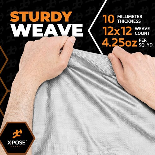Heavy Duty Poly Tarp - 6' x 8' - 10 Mil Thick Waterproof, UV Blocking Protective Cover - Reversible Silver and Black - Laminated Coating - Grommets - by Xpose Safety