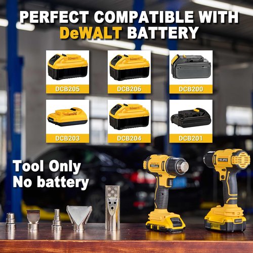 HILIPE Cordless Heat Gun for DeWALT 20v Battery,Lithium Hot Air Gun, 5 Nozzle Attachments,2-Temp Setting Max 1022°F(550°C),Heat Gun for Shrink Wrapping, Tube Bending (Tool Only, NO Battery)