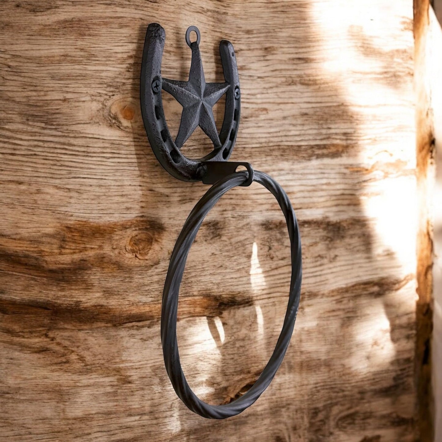 Rustic Western Horseshoe Towel Ring with Barn Star – Heavy Duty Cast & Wrought Iron Wall-Mounted Hand Towel Holder – 11” x 7” – Rustic Brown Finish