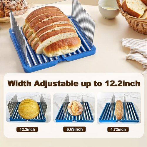 Bread Slicer for Homemade Bread, 304 Stainless Steel Bread Cutter, Adjustable Sourdough Slicer, Foldable Bread Slicing Guide for Loaf, Bagel, Sandwich, Cakes, Blue