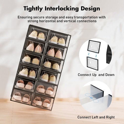 Foluck Shoe Storage Box, 15 Pack Clear Plastic Stackable Shoe Organizer for Closet, Interlocking Design Shoe Container Bins for Sneakers, Foldable Shoe Rack with Lids, Black
