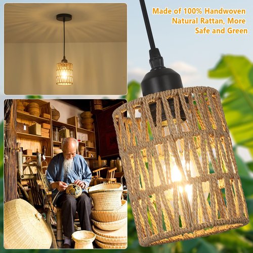 LAMSU 3 Pack Rattan Pendant Lights Kitchen Island, Farmhouse Pendant Lighting with Hand Woven Wicker Shade, Boho Chandelier Light Fixtures Ceiling Hanging for Dining Room Bedroom Foyer Hallway