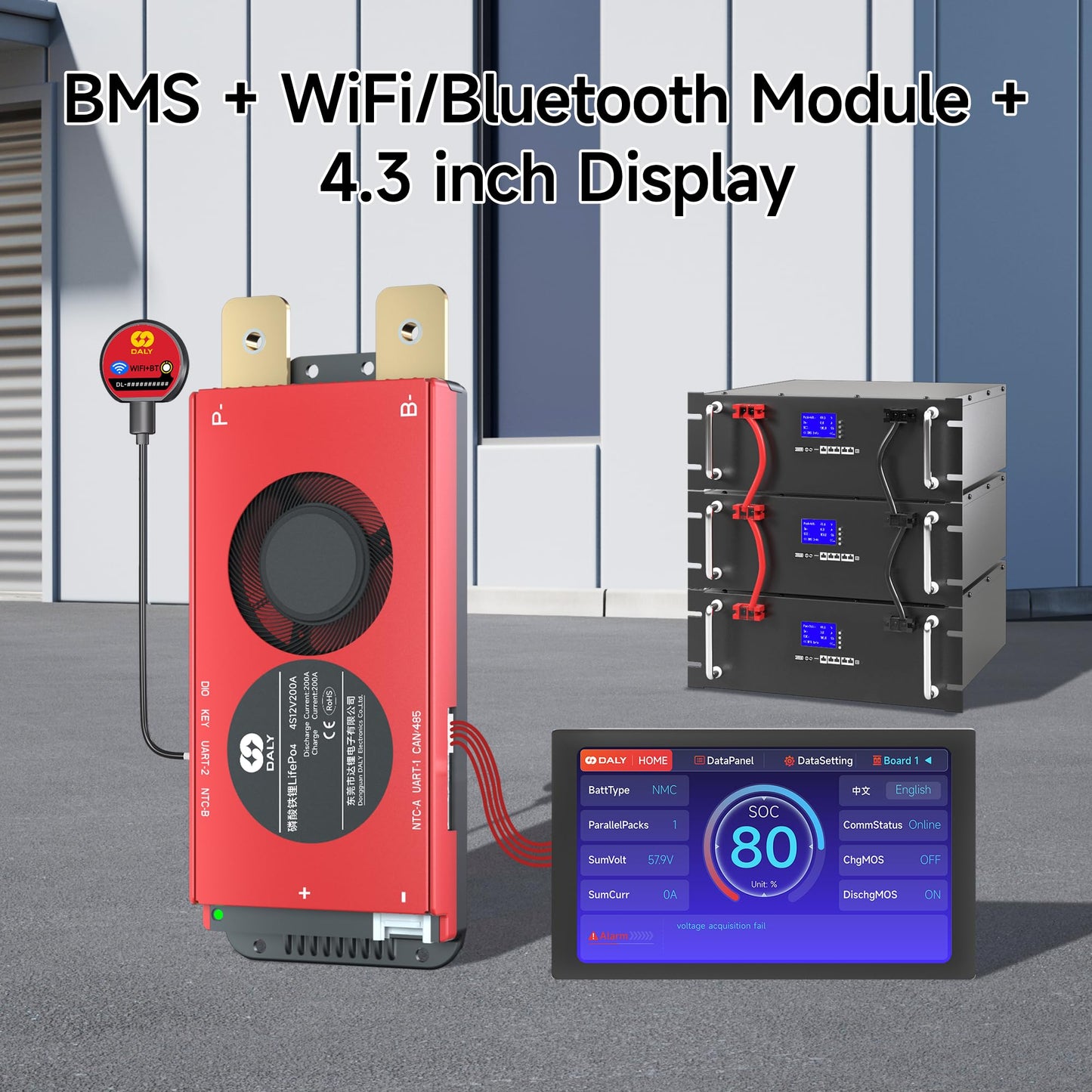 DALY BMS 48V 16S 200A Display - Smart BMS with 4.3 Inch LCD Touch Screen WiFi Bluetooth Module Supports RS485 CAN for 48V LiFePO4 Golf Carts Electric Outboard Motors Solar Energy Power Systems