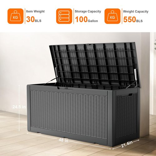 100 Gallon Resin Deck Box, Lockable Patio Outdoor Storage Box for Furniture, Garden Tools and Tools Storage, Waterproof Outside Storage Boxes - Black