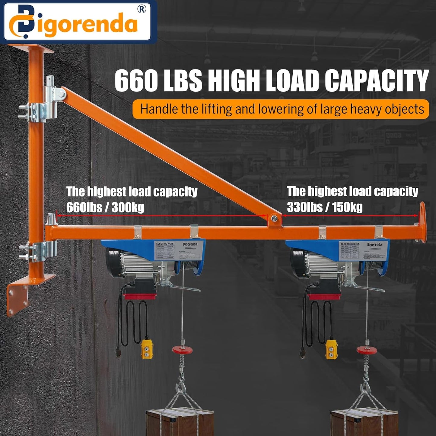 Wall Mount Jib Crane,Hoist Bracket,660lbs Max Load Capacity Electric Scaffolding Lift,All Steel Construction,Electric Hoist Holder Swing Arm with Pole,Shop Crane Jib with 180 Degree Rotation