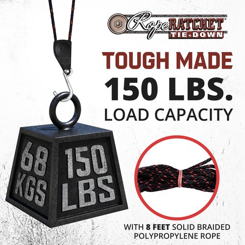 Rope Ratchet 1/4" Adjustable Pulley System, Heavy-Duty Locking Strap for Hoisting, Tarp Tie Down, Gear Securing, Tent Setup, Grow Light Hanging, 8' Braided Polypropylene Rope, 150 lb Capacity