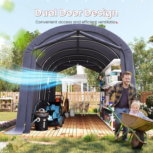 KING BIRD 10' x 20' Round Style Garage Shelter with Roll-up Ventilated Windows Heavy Duty Storage Carport Portable Canopy Storage Shelter Shed for Boat, Patio Furniture and Lawn Mower-Dark Gray