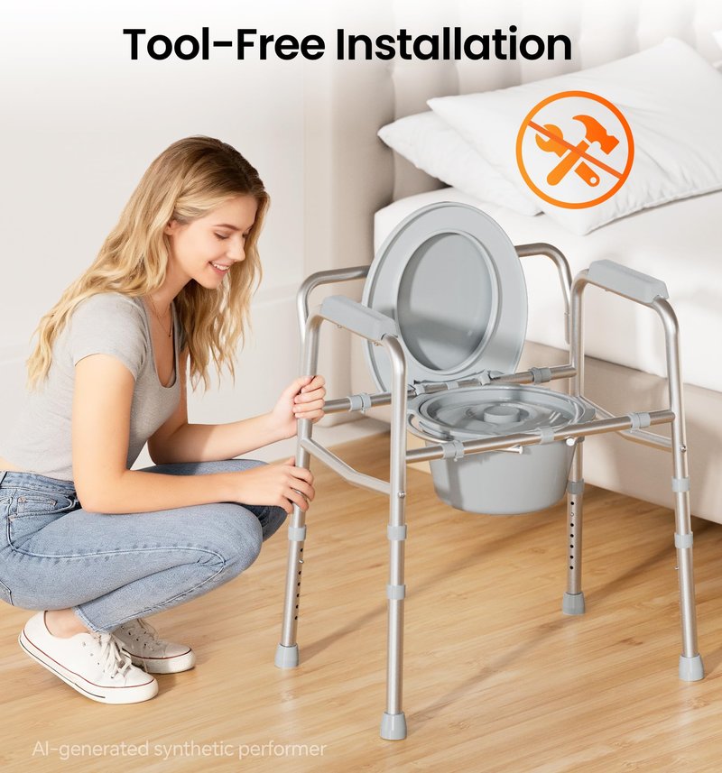 soundfuse 3 in 1 Bedside Commode Toilet for Seniors, Sturdy Dual-Crossbar
