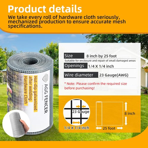 AggFencer 8inch x 25ft Hardware Cloth 1/4 inch Chicken Wire Fencing 23Ga, Hot Dipped Galvanized After Welding Garden Plant Supports Welded Metal Chicken Wire Fence, Poultry Animal Netting Cage Screen