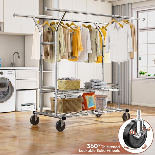 Raybee 74" W Clothes Rack, Clothing Rack, Double Rods Clothing Racks for Hanging Clothes, Load 441 LBS Heavy Duty Clothes Rack with Wheels, Adjustable Garment Rack Portable