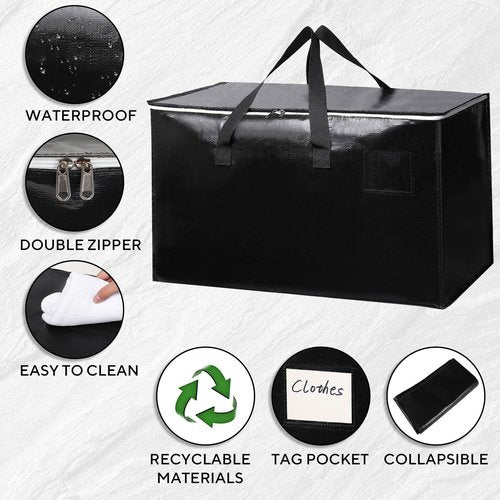 6-Pack Extra-Large Heavy-Duty Moving Bags with Reinforced Handles, Durable Zippers & Waterproof Material — Perfect for Space-Saving, Storage, Shipping and Travel (Black)
