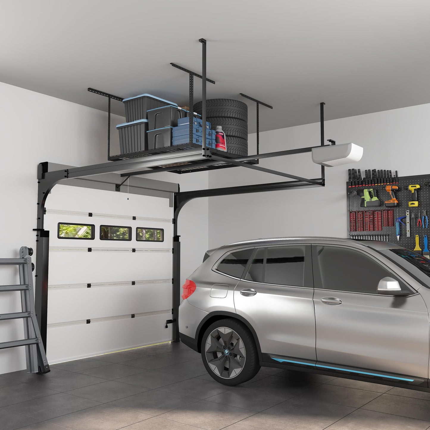 FLEXIMOUNTS 4x4 Overhead Garage Storage Rack, Adjustable Organization System, Heavy-Duty Metal Ceiling Racks, 350lbs Weight Capacity, Black, Classic Series