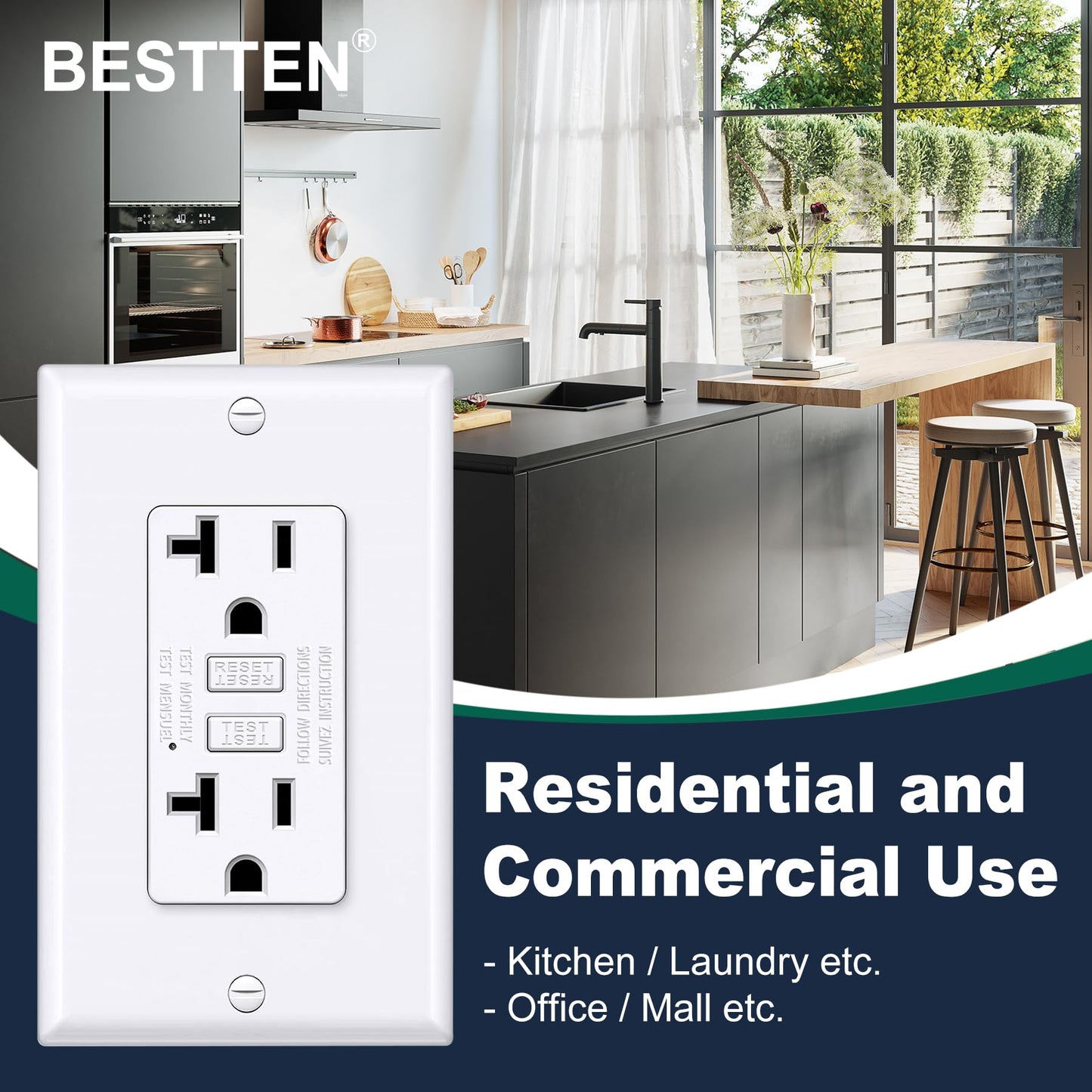 BESTTEN 20 Amp GFCI Outlet with Thinner Design, GFI Electrical Outlet with LED Indicator, Non-Tamper-Resistant GFCI Receptacle, Wallplate Included, ETL Certified, 10 Pack, White