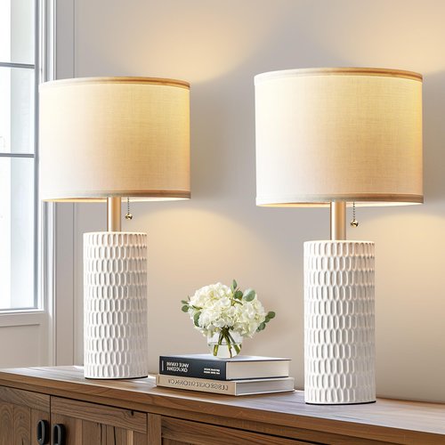 Reaketon Table Lamps for Living Room Set of 2, Ceramic Table Lamps for Bedroom, 20" Modern Lamps for Night Stands, White
