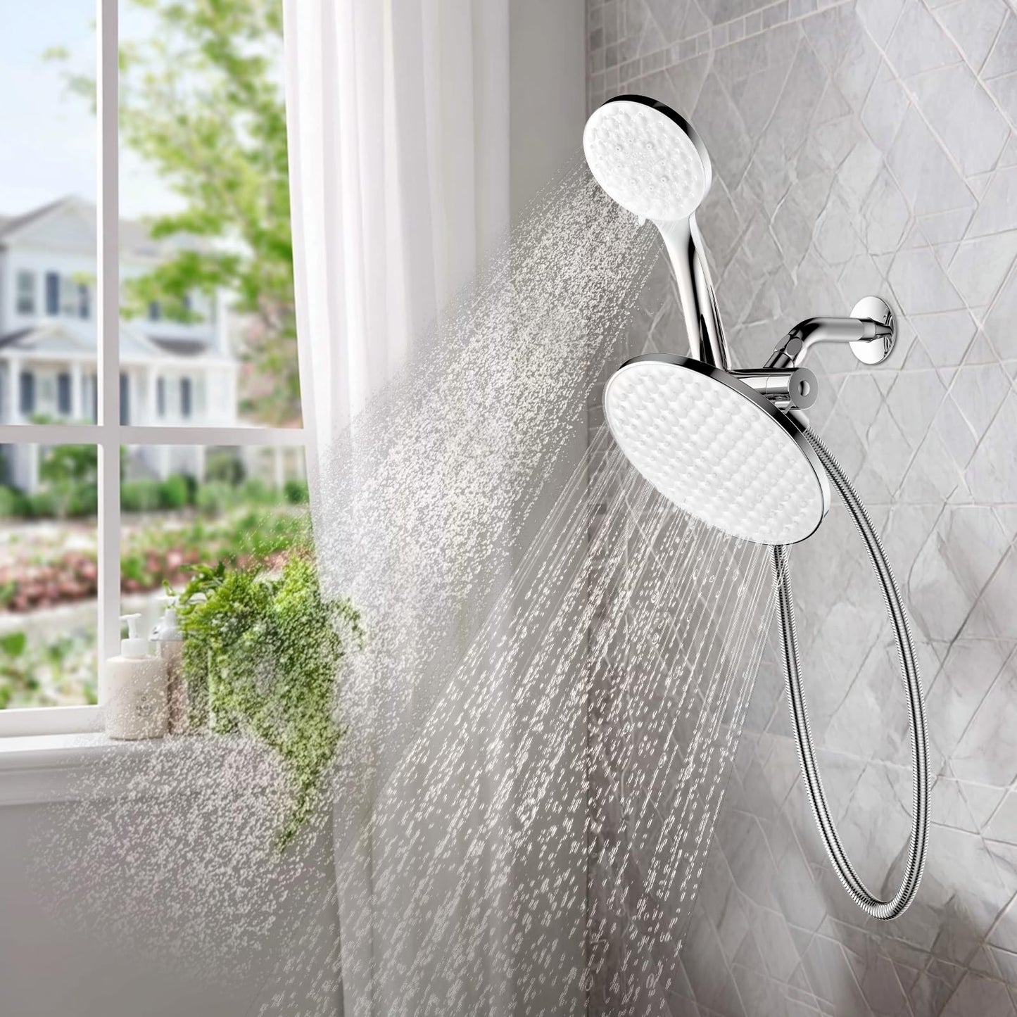 UltrTxenova Dual Shower Heads with Handheld Spray Combo, 8.6 Inch Pulsating Rain Shower Head, 6-Mode Hand Held Shower with Hose 6ft, 2-in -1 Luxury Shower System Chrome