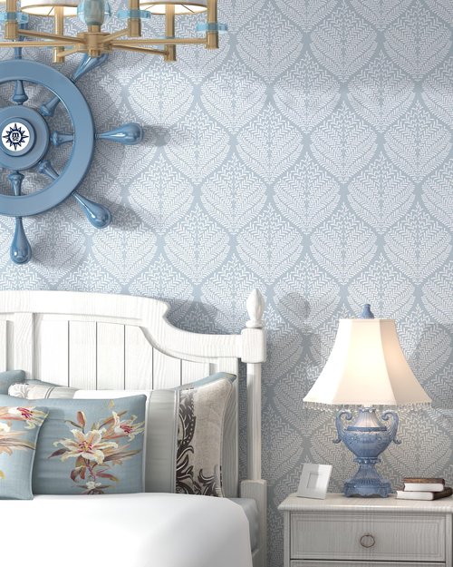 Modern Peel and Stick Wallpaper Blue and White Wall Paper 17.3"x78.7" Self-Adhesive Removable Contact Paper Boho Wallpaper Leaf Geometric Decorative for Bedroom Bathroom Cabinets Decor Vinyl Roll