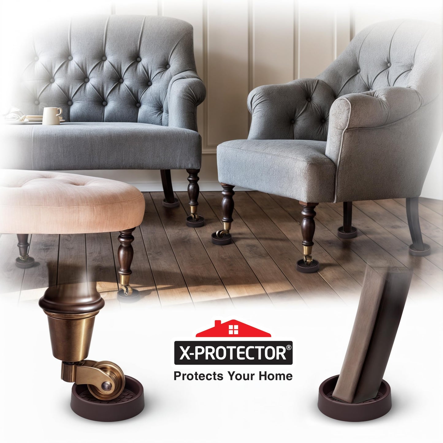 Furniture Cups X-PROTECTOR – 2" Caster Cups 4 PCS – Premium Furniture Coasters – Ideal Bed Stoppers – Non Skid Furniture Pads with a Perfect Design – Rubber Furniture Pads - Protect Any Flooring!